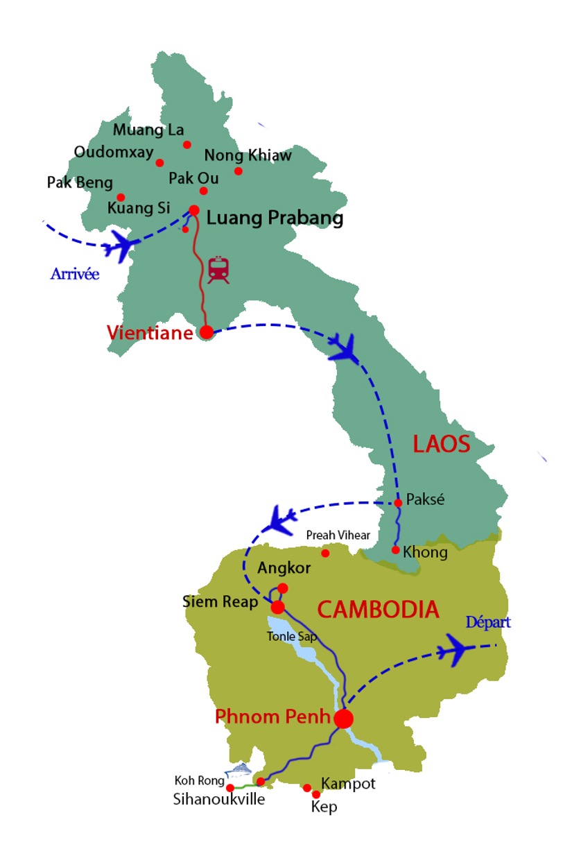 Carte du circuit combiné Laos Cambodge